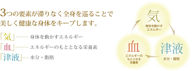 3つの要素が滞りなく全身を巡ることで美しく健康な身体をキープします。