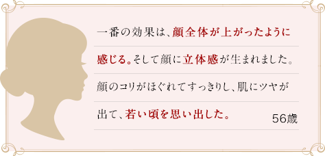 一番の効果は、顔全体が上がったように感じる。そして顔に立体感が生まれました。顔のコリがほぐれてすっきりし、肌にツヤが出て、若い頃を思い出した。56歳