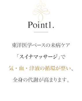 Point1.東洋医学ベースの未病ケア「スイナマッサージ」で気・血・津液の循環が整い、全身の代謝が高まります。